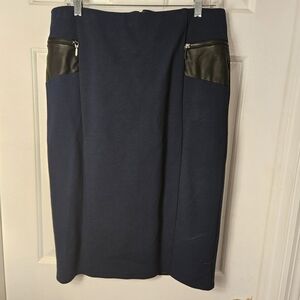 Chic Navy Pencil Skirt with Black Leather Accents